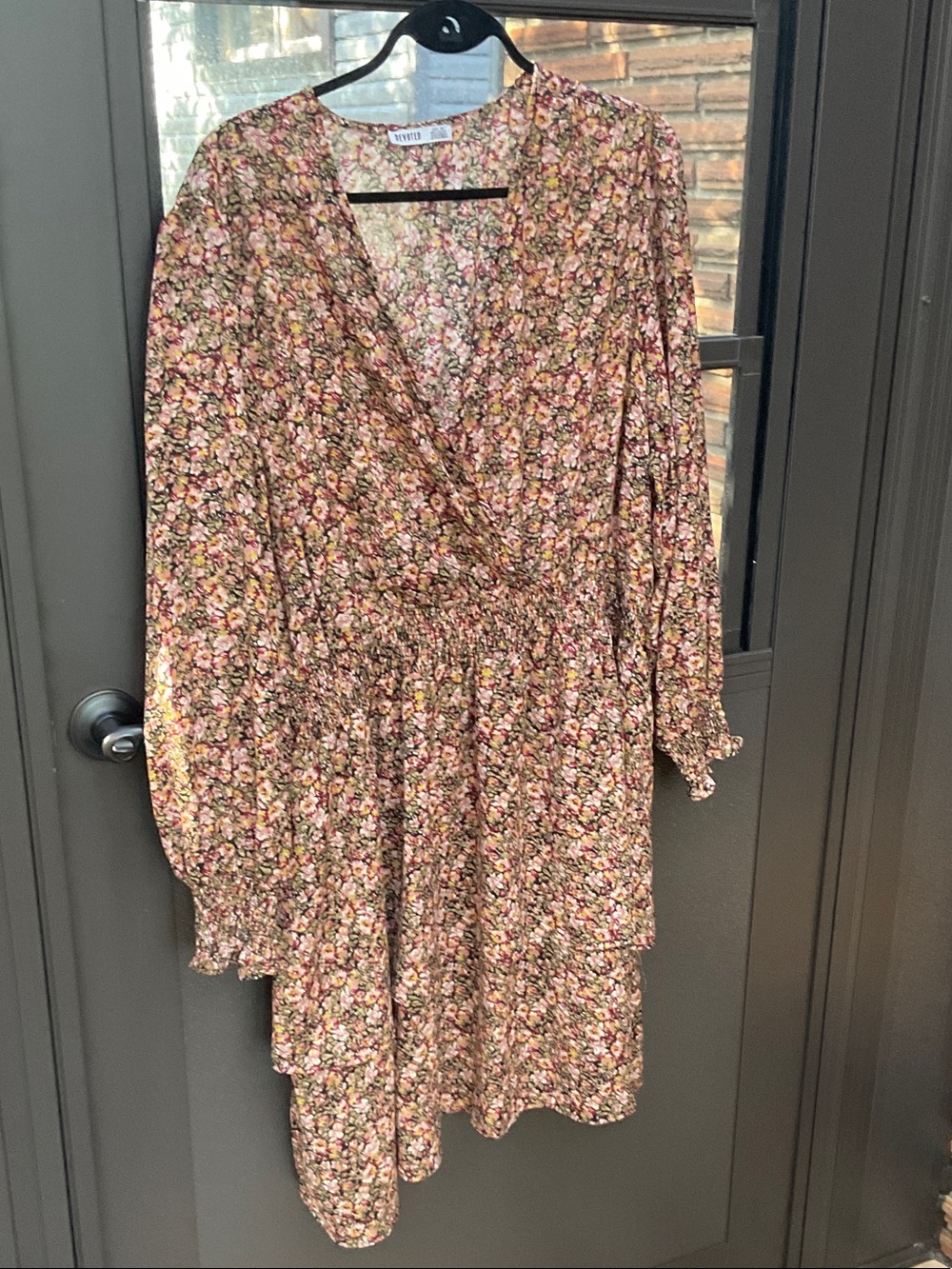 Floral Wrap-Style Long Sleeve Dress in Pink and Brown
